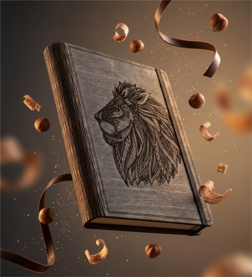 Arslan Figürü Oymalı Ahşap Kapaklı Özel Üretim Şık Defter