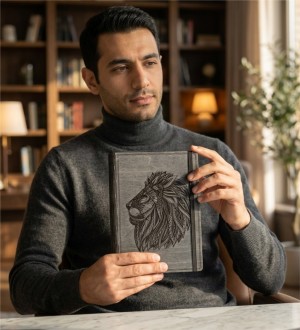 Arslan Figürü Oymalı Ahşap Kapaklı Özel Üretim Şık Defter