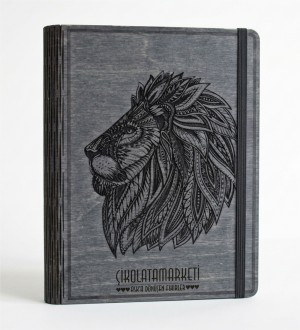 Arslan Figürü Oymalı Ahşap Kapaklı Özel Üretim Şık Defter