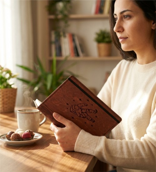 Astronot Figürlü Ahşap Kapaklı Özel Üretim Şık Defter
