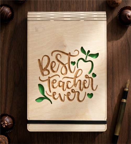 Best Teacher Ever Yazılı Ahşap Kapaklı A5 Boyutunda Defter
