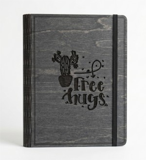 Free Hugs Figürlü Ahşap Kapaklı Özel Üretim Şık Defter