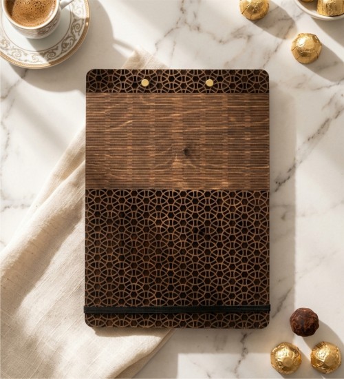 İslami Süslemeli Oymalı Ahşap Kapaklı Şık A4 Defter