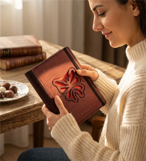 Kelebek Figürlü Ahşap Kapaklı Defter