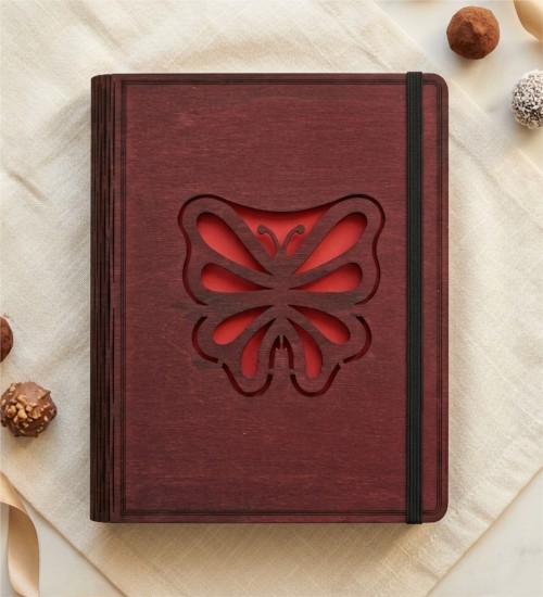Kelebek Figürlü Ahşap Kapaklı Defter