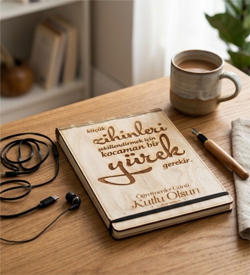 Öğretmenler Günün Kutlu Olsun Yazılı Ahşap Kapaklı A5 Defter