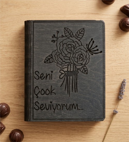 Seni Çook Seviyorum Yazılı Ahşap Kapaklı Özel Üretim Şık Defter