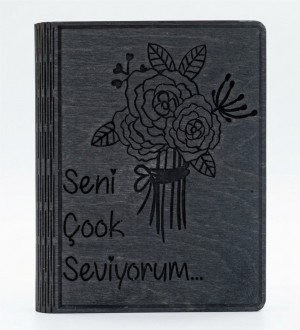 Seni Çook Seviyorum Yazılı Ahşap Kapaklı Özel Üretim Şık Defter