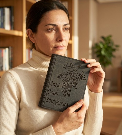 Seni Çook Seviyorum Yazılı Ahşap Kapaklı Özel Üretim Şık Defter