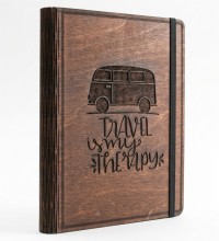Travel İs My Therapy Figürlü Ahşap Kapaklı Özel Üretim Şık Defter