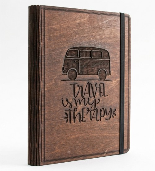 Travel İs My Therapy Figürlü Ahşap Kapaklı Özel Üretim Şık Defter