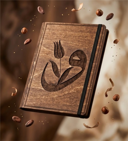 Vav Harfli ve Lale Figürlü Ahşap Kapaklı Özel Üretim Şık Defter