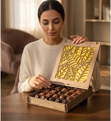 Ahşap Kutulu Hediyelik Çikolata -Yaprak Motifli- Şık Tasarımı ile Doğadan Esinlenen Zarif Bir Hediye Sunumu