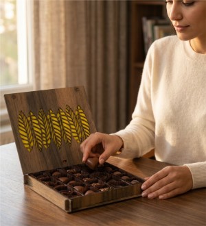 Hediyelik Çikolata - Yaprak Desenli Şık Ahşap Kutusunda, Doğadan İlham Alan Zarif ve Lezzetli Bir Seçenek