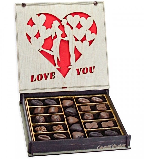 Love You Ahşap Kutulu Hediyelik Spesiyal Çikolata - Sevgililer Günü, Yıldönümü, Romantik Hediye, Sevgilililere Özel Hediye