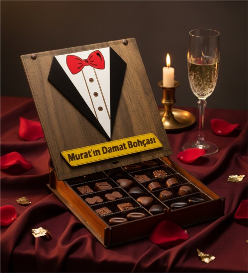 Kişiye Özel İsimli Ahşap Kutulu Damat Bohçası Çikolatası Düğün Çikolata