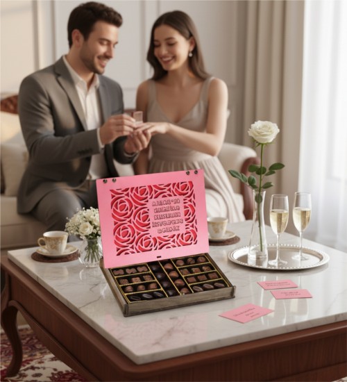 Kız İsteme Çikolatası - Gül Desenli Büyük Pembe Ahşap Kutulu - Geleneksel Anlara Zarif ve Sevgi Dolu Bir Dokunuş