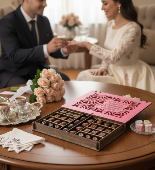 Kız İsteme Çikolatası - Gül Desenli Büyük Pembe Ahşap Kutulu - Geleneksel Anlara Zarif ve Sevgi Dolu Bir Dokunuş