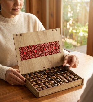 Kız İsteme Çikolatası -Selçuklu Motifi- Desenli Ahşap Kutulu - Geleneksel Zarafetle Hazırlanmış Özel Bir Hediye