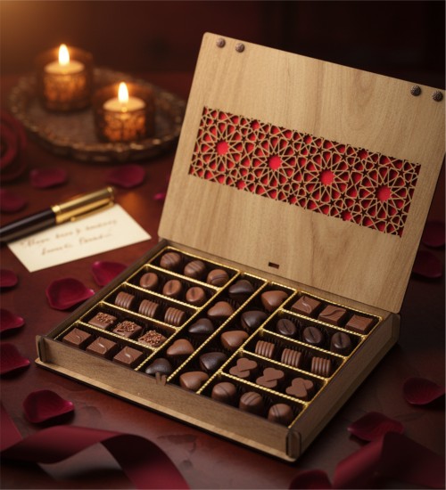 Kız İsteme Çikolatası -Selçuklu Motifi- Desenli Ahşap Kutulu - Geleneksel Zarafetle Hazırlanmış Özel Bir Hediye