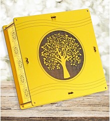 Hediye Çikolata Sepeti - Ağaç Desenli, Sarı Ahşap Kutusunda, Doğal Tasarımıyla Göz Dolduran Lezzetli, Şık Bir Armağan