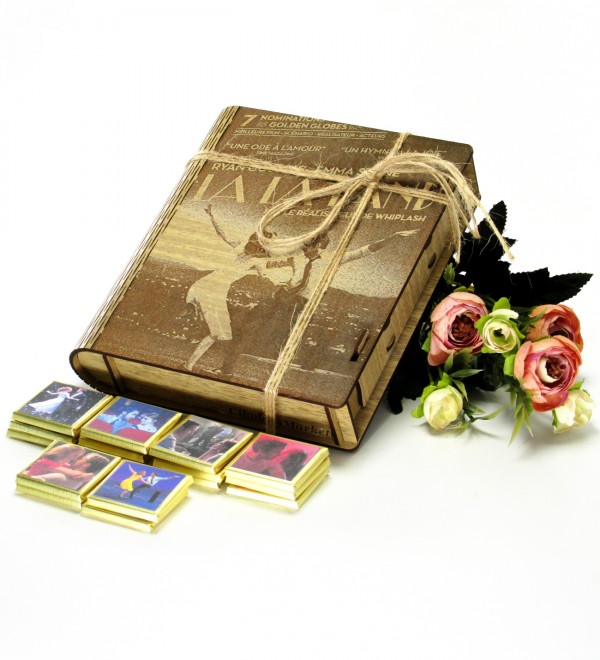 La La Land / Aşıklar Şehri - Çikolata Kütüphanesi / Kitabı - Ahşap Kitap Kutulu Sargılı Madlen Çikolata - Hediyelik Çikolata