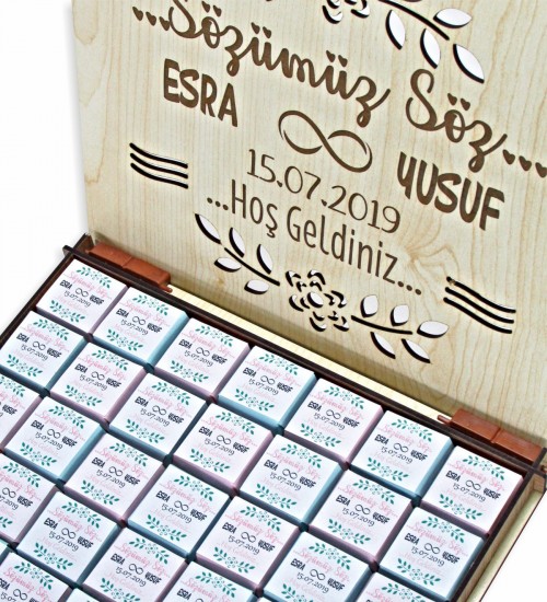 İsimli Tarihli ve Mesajlı Ahşap Kutulu 42 Adet Sargılı Fındık Kremalı  Söz / Nişan / Kız İsteme Çikolatası