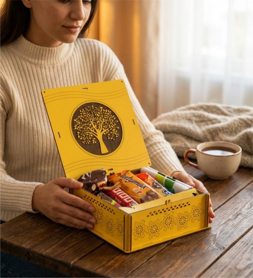 Hediye Çikolata Sepeti - Ağaç Desenli, Sarı Ahşap Kutusunda, Doğal Tasarımıyla Göz Dolduran Lezzetli, Şık Bir Armağan