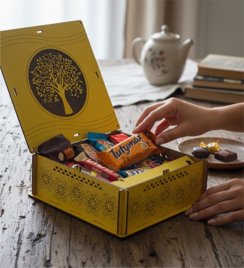 Hediye Çikolata Sepeti - Ağaç Desenli, Sarı Ahşap Kutusunda, Doğal Tasarımıyla Göz Dolduran Lezzetli, Şık Bir Armağan