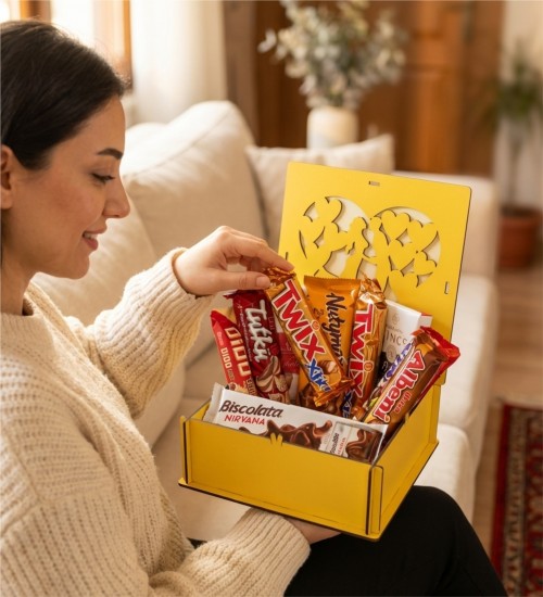 Hediye Çikolata Sepeti - Sevgiliye Özel Romantik Ahşap Kutu ile Aşkınızı Tatlı Bir Sürprizle Taçlandırın