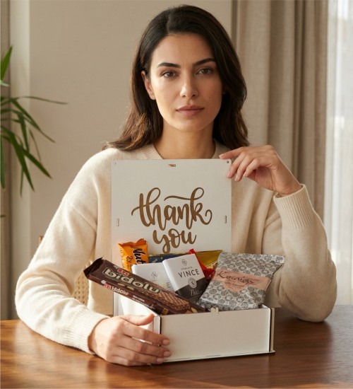 Hediye Çikolata Sepeti - Teşekkürler Yazılı Şık Ahşap Kutulu - Minnettarlığınızı Tatlı Bir Sunumla Gösterin