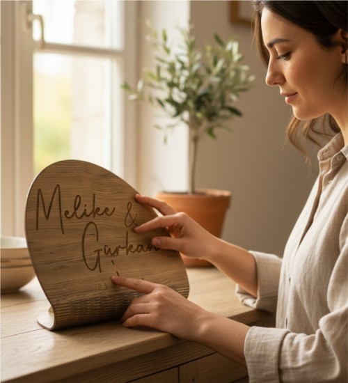 Masa İsimliği Yuvarlak Ahşap - Özel Günler İçin Kişiye Özel, Şıklığı ve Kişiselliği Buluşturan Zarif Bir Detay