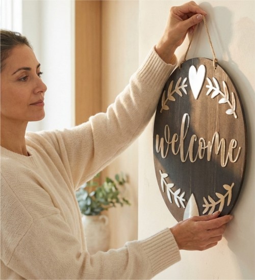 Dış Kapı Süsü -Welcome- Yazılı Gold Pleksi Detaylı Ahşap ile Modern ve Şık Bir Karşılama Tasarımı