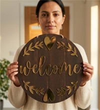 Dış Kapı Süsü -Welcome- Yazılı Gold Pleksi Detaylı Ahşap ile Modern ve Şık Bir Karşılama Tasarımı