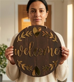 Dış Kapı Süsü -Welcome- Yazılı Gold Pleksi Detaylı Ahşap ile Modern ve Şık Bir Karşılama Tasarımı