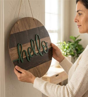 Kapı/Duvar Süsü -Hello- Yazılı, Şık Ahşap Dekoratif Tasarımıyla Misafirlerinize Zarif Bir Selam Verin