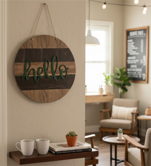 Kapı/Duvar Süsü -Hello- Yazılı, Şık Ahşap Dekoratif Tasarımıyla Misafirlerinize Zarif Bir Selam Verin
