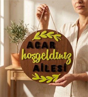 Kapı Süsü - Hoş Geldiniz Yazılı İsimli Ahşap+Pleksi Süslemeli - Evinize Sıcacık Bir Davet Yaratın