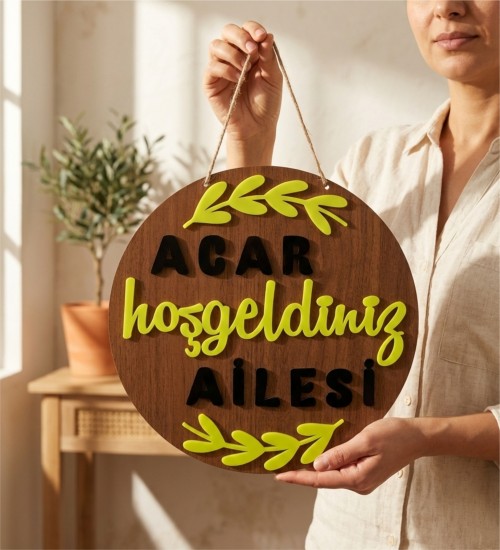 Kapı Süsü - Hoş Geldiniz Yazılı İsimli Ahşap+Pleksi Süslemeli - Evinize Sıcacık Bir Davet Yaratın