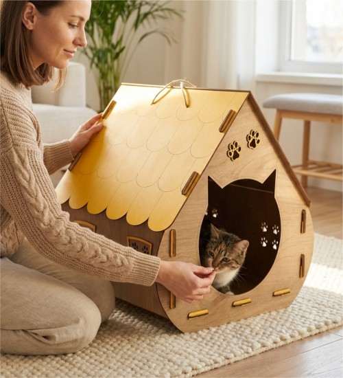 Kedi Evi - Hobbit Tarzı, Çift Renkli, Ahşap-Sarı Yaşam Alanı - Masalsı Bir Dokunuşla Kedinizin Dünyasını Güzelleştirin