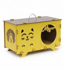 Kedi Evi - Kişiye Özel, İsimli, Sarı Ahşap, Şık ve Kullanışlı - Minik Dostlarınıza Konforlu ve Tarz Sahibi Bir Alan