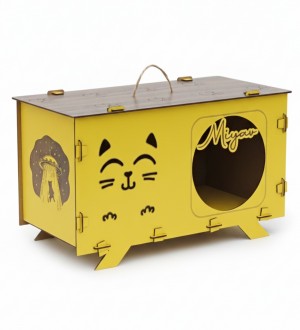 Kedi Evi - Kişiye Özel, İsimli, Sarı Ahşap, Şık ve Kullanışlı - Minik Dostlarınıza Konforlu ve Tarz Sahibi Bir Alan