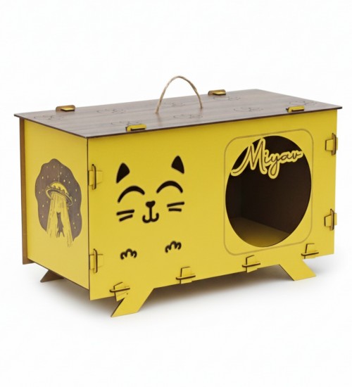 Kedi Evi - Kişiye Özel, İsimli, Sarı Ahşap, Şık ve Kullanışlı - Minik Dostlarınıza Konforlu ve Tarz Sahibi Bir Alan