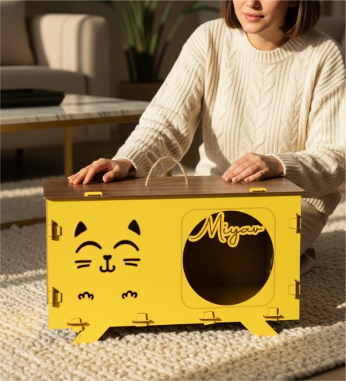 Kedi Evi - Kişiye Özel, İsimli, Sarı Ahşap, Şık ve Kullanışlı - Minik Dostlarınıza Konforlu ve Tarz Sahibi Bir Alan