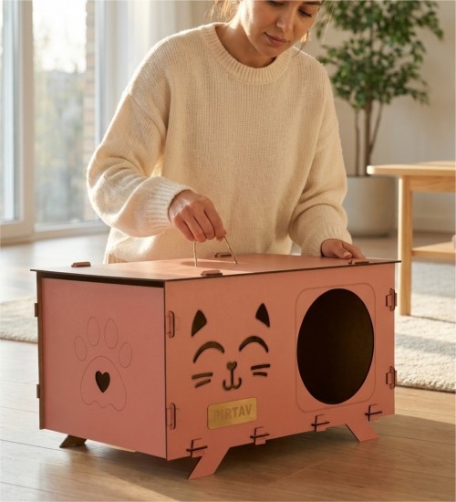 Kedi Evi - Pembe Ahşap, İsimli, Çift Renkli, Dayanıklı ve Şık - Sevimli Dostlar İçin Göz Alıcı Bir Yaşam Alanı