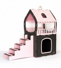 Kedi Evi Çift Katlı ve Teraslı - Bebek Pembesi + Antrasit Gri - Kediniz İçin Modern, Ferah ve Şık Bir Yaşam Alanı