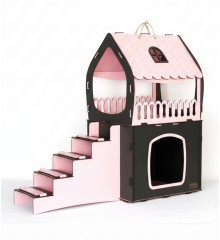 Kedi Evi Çift Katlı ve Teraslı - Bebek Pembesi + Antrasit Gri - Kediniz İçin Modern, Ferah ve Şık Bir Yaşam Alanı