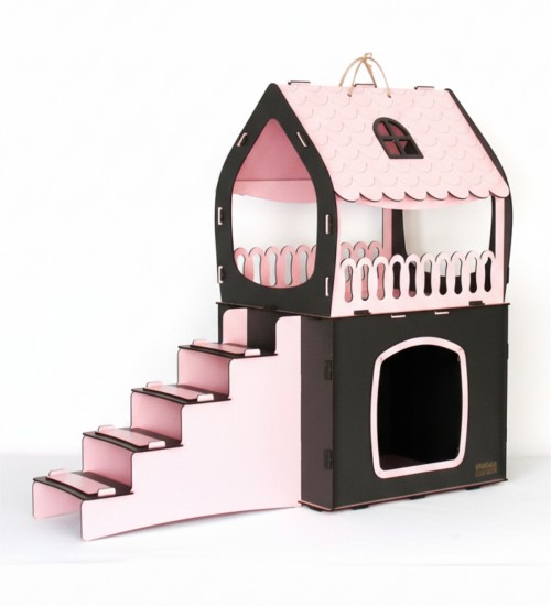 Kedi Evi Çift Katlı ve Teraslı - Bebek Pembesi + Antrasit Gri - Kediniz İçin Modern, Ferah ve Şık Bir Yaşam Alanı