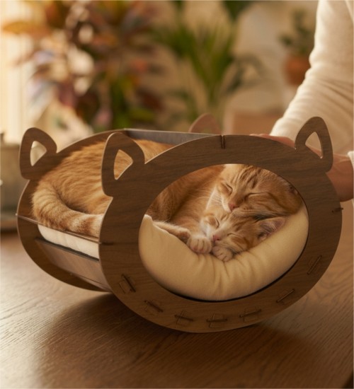Kedi Yatağı - Ahşap Beşik, Konforlu, Sallanır ve Rahatlatıcı - Kedinizin Uyku Keyfini Katlayan Nostaljik Bir Tasarım