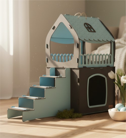 Teraslı Kedi Evi - Dubleks, Bebek Mavisi + Antrasit Gri - Modern Dekora Uyumlu Şık ve Ferah